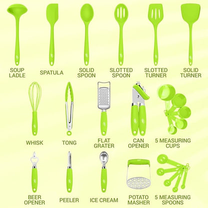 Kaluns Silicone Kitchen Utensils Set 24 Pcs Silicone Cooking Utensils Set - Can Opener, Masher, Turner, Spatula 446°F Heat Resistant Non-Stick - Premium Silicone and Stainless Steel Utensil Set