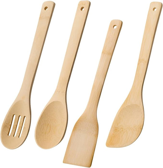 Wooden Spoons for Cooking, 4PCS Wooden Utensil Set Includes Slotted Spoon, Wooden Spoon & Wooden Spatula, Bamboo Cooking Utensils for Non-Stick Pans, Natural Bamboo Utensils by HEFILD