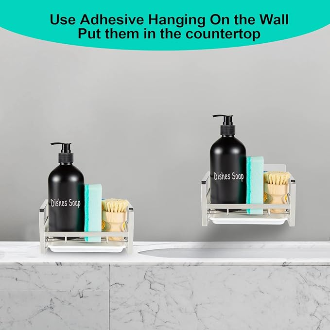 TEZZ Sponge Holder for Kitchen Sink, Stainless Steel Kitchen Storage Sink Caddy for Organizing Sponge, Brush & Dish Soap Dispenser, Sink Organizer Rack with Adhesive or Counter top, Silver - Image 4