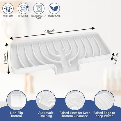 Silicone Sponge Holder for Kitchen Sink With Drain Spout, Self Draining, Kitchen Soap Tray, Bathroom Organizer, Sink Caddy (White, 10×4)
