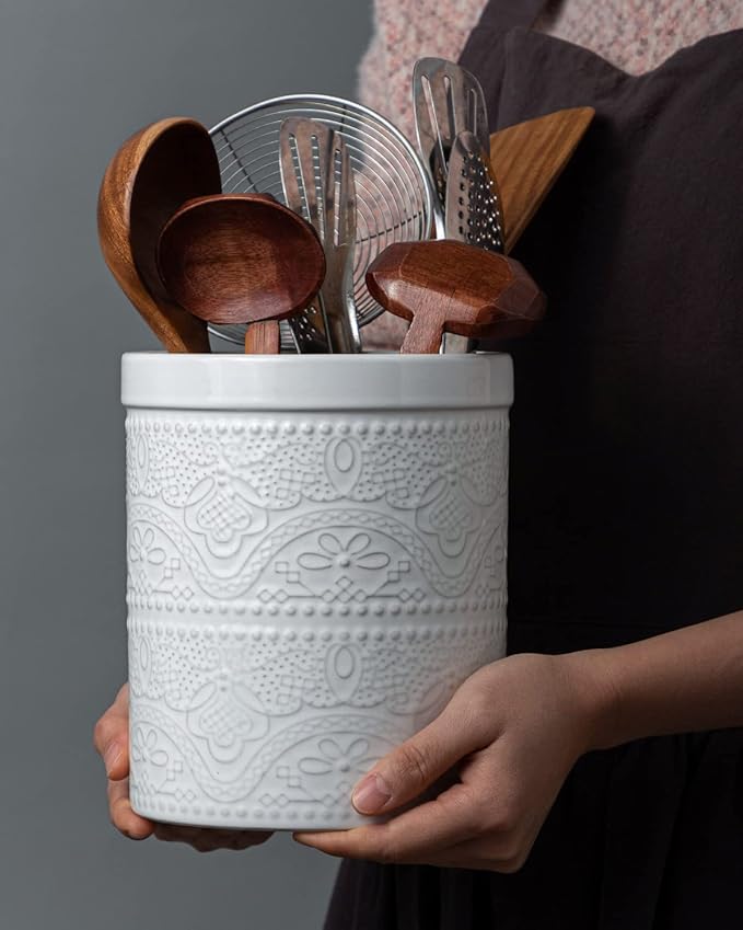 FUN ELEMENTS Kitchen Utensil Holder, 7.2" Super Large Utensil Crock Heavy and Stable Lace Emboss Ceramic Utensil Holder for Kitchen Counter (Bright White) - Image 7
