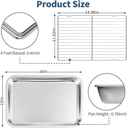 Baking Sheet with Rack Set of 4 (2 Pans + 2 Racks), 16 x 12 x 1 Inch Stainless Steel Cookie Pan with Cooling Rack, Non Toxic & Dishwasher Safe & Easy Clean for Baking, Cooling, Meats, Veggies