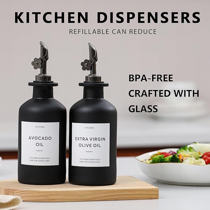 HOMCDALY Olive Oil Dispenser for Kitchen, 11.8oz Glass Kitchen Dispenser Bottle, Black Oil&Vinegar Cruet Set, Leakproof Olive Oil Bottles | Set of 2 (11.8oz – Black) - Image 2