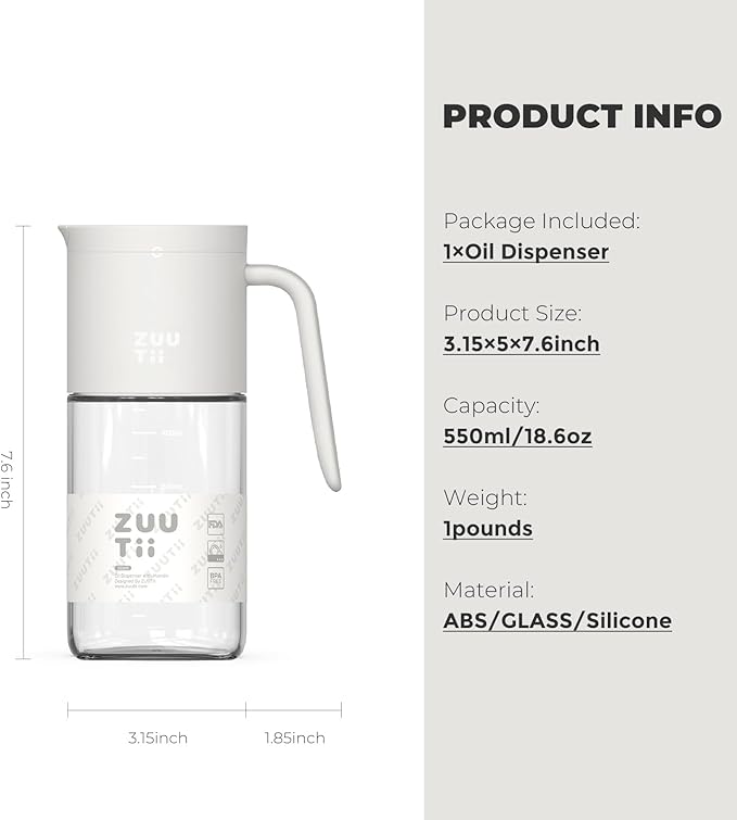Zuutii Olive Oil Dispenser Bottle 18.6oz – Auto Flip Glass Vinegar Bottle with No-Drip Spout for Kitchen Cooking, Oil and Sauce Dispenser, Light Cream - Image 2