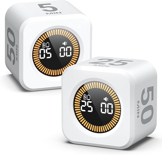 2 Pack - KADAMS Pomodoro Cube Timer Productivity Visual Timer - 5/10/25/50 Min Rotating Countdown (2, White)