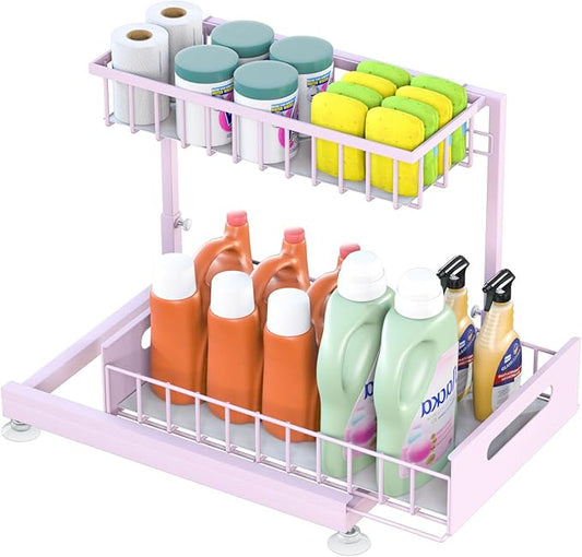 Saydear Under Sink Organizer Storage 2-Tier Premium Metal Pull-Out Kitchen Cabinet Organizer with Sliding Drawer, Height Adjustable, Heavy Duty for Kitchen & Bathroom Organizers 1 Pack Pink by Saydear