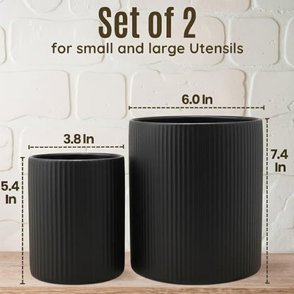 2 Pack Ceramic Utensil Holder, 7.3"+5.4" Large kitchen utensils holder for Countertop, 360° Rotating Cooking Utensil Crock for Kitchen Counter with Detachable Wooden Base, Kitchen Decor- Black - Image 3