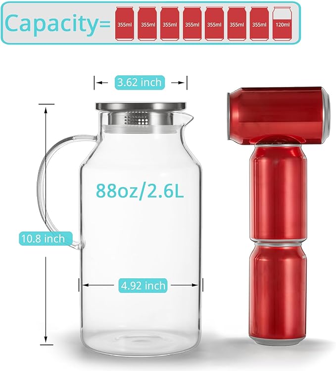 Bivvclaz 2.6 Liter 88 oz Glass Pitcher with Lid and Handle, Glass Water Carafe for Hot/Cold Water, Iced Tea Pitcher, Large Pitcher for Coffee, Juice and Homemade Beverage - Image 2