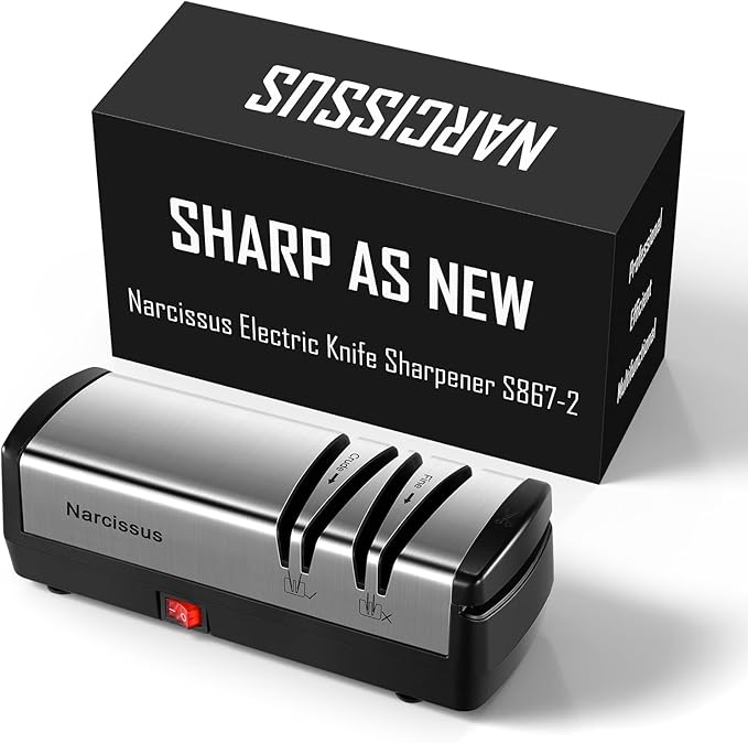 Narcissus Knife Sharpener, Diamond Abrasives Electric Knife Sharpener for Stainless Steel and Ceramic Knives, with Scissors Sharpener & Metal Dust Collection Box, Quick Sharpening & Polishing, Silver - Image 8