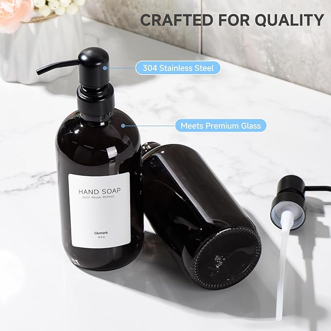 2 Pack Kitchen Soap Dispenser Set - 16oz Black Glass Dish and Hand Soap Dispenser with Stainless Steel Pump, Instant Dry Tray, Dish Brush & Holder, Refillable Countertop Sink Decor for Kitchen & Bath - Image 3