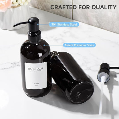 2 Pack Kitchen Soap Dispenser Set - 16oz Black Glass Dish and Hand Soap Dispenser with Stainless Steel Pump, Instant Dry Tray, Dish Brush & Holder, Refillable Countertop Sink Decor for Kitchen & Bath - Image 3