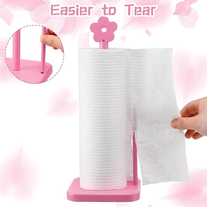 Leinuosen Pink Flower Paper Towel Holder Coquettish Cute Flower Wooden Paper Towel Holder Pink Bathroom Countertop Accessories Kitchen Roll Stand Organizer Standing Apartment Decor Housewarming Gift