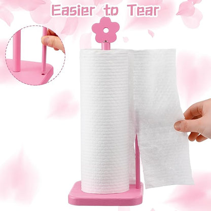 Leinuosen Pink Flower Paper Towel Holder Coquettish Cute Flower Wooden Paper Towel Holder Pink Bathroom Countertop Accessories Kitchen Roll Stand Organizer Standing Apartment Decor Housewarming Gift