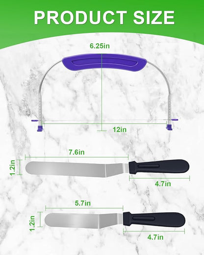 1PCS Purple Adjustable Food Grade Stainless Steel Cake Cutter Slicer Leveler with 2PCS Offset Spatula, Icing Spatulas, 6 and 8 inch, Professional Angled Cake Spatula for Kitchen or Bakery