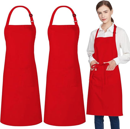 Jubatus 2 Pack 100% Cotton Aprons with 2 Pockets Cooking Chef Kitchen Adjustable Bib Apron for Women Men, Red by Jubatus