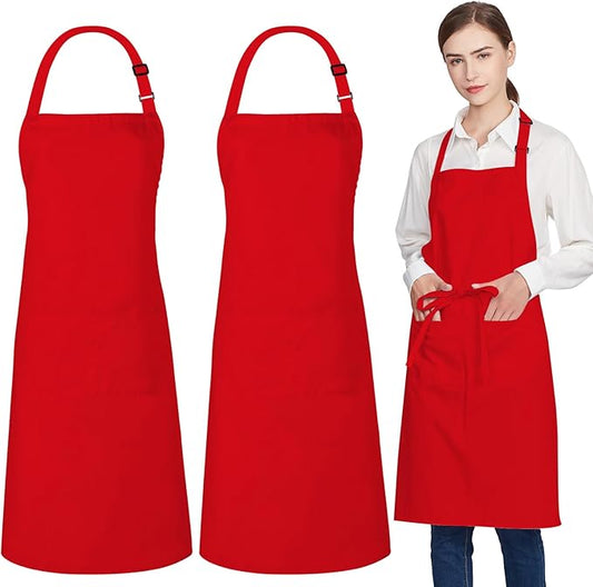 Jubatus 2 Pack 100% Cotton Aprons with 2 Pockets Cooking Chef Kitchen Adjustable Bib Apron for Women Men, Red by Jubatus