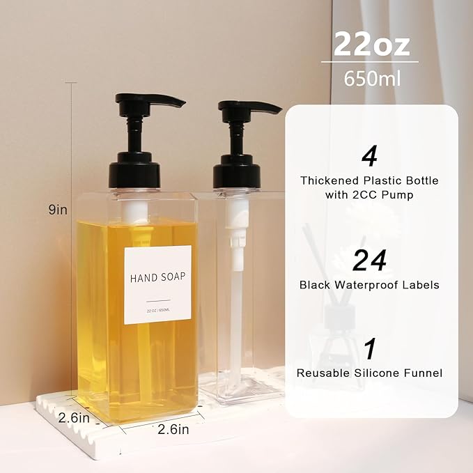 Clear Soap Dispenser with Waterproof Labels, Thickened Plastic Hand Soap Dispenser for Bathroom, Kitchen Dish Washing Liquid Bottles, Shampoo and Conditioner Bottles with Funnel (22oz 4Pack Clear) - Image 2