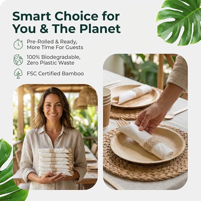 Pre Rolled Napkin and Bamboo Cutlery Set - 100 Pack Bamboo Utensils Wooden Cutlery 100 Forks 100 Knives 100 Spoons 100 Napkins, Pre Wrapped Disposable Silverware Cutlery for Party, Wedding, Events