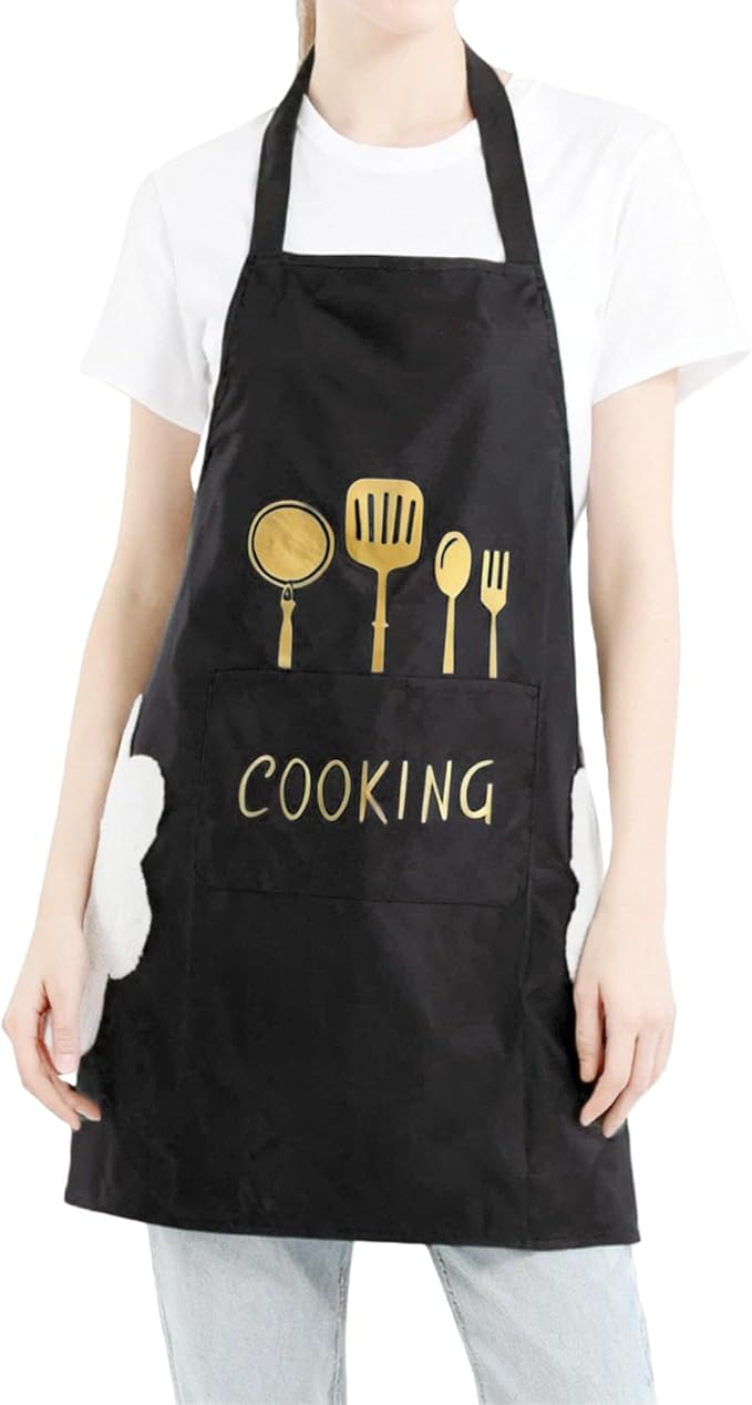 DILLMAN Women Kitchen Apron with Hand Wipe Pockets，Big Pocket,Hand-wiping, Waterproof for Cooking Baking