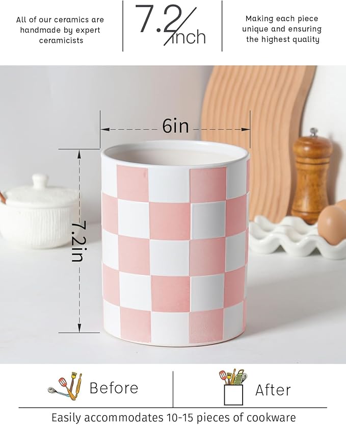 Utensil Holder，7.2 Inch Checkered Utensil Holder, Ceramic Cooking Utensil Spoon/Spatula Holder for Countertop, Kitchen Decor and Accessories for counte(Purple) - Image 4