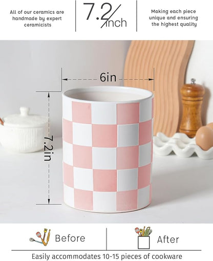 Utensil Holder，7.2 Inch Checkered Utensil Holder, Ceramic Cooking Utensil Spoon/Spatula Holder for Countertop, Kitchen Decor and Accessories for counte(Purple) - Image 4