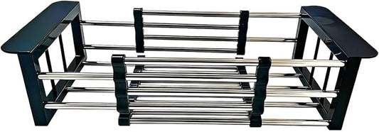 Stainless Steel Expandable Over Sink Dish Drying Rack | 11.4–18.5 inch Adjustable Drain Rack | Heavy-Duty 44LBS Capacity | Durable ABS Kitchen Organizer