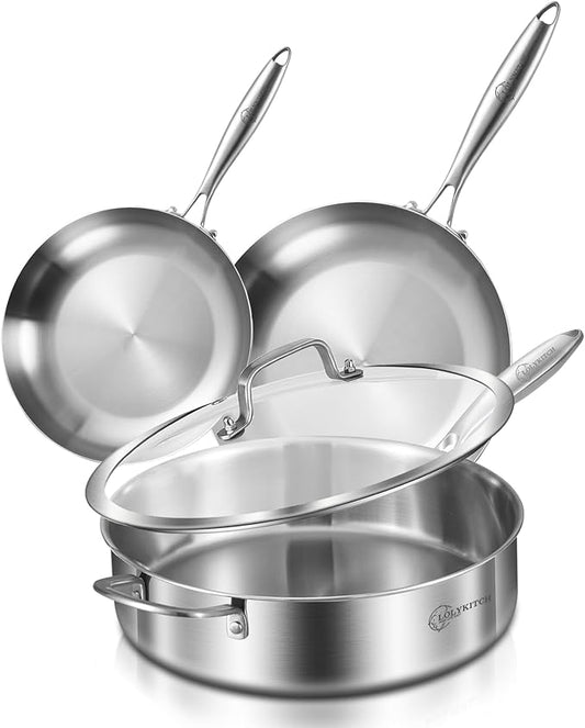 LOLYKITCH 8-10 Inch Tri-ply Stainless Steel Fry Pans and 6 QT Sauté Pan with Lid,Induction Cookware Set,Dishwasher and Oven Safe,Detachable Handle by LolyKitch