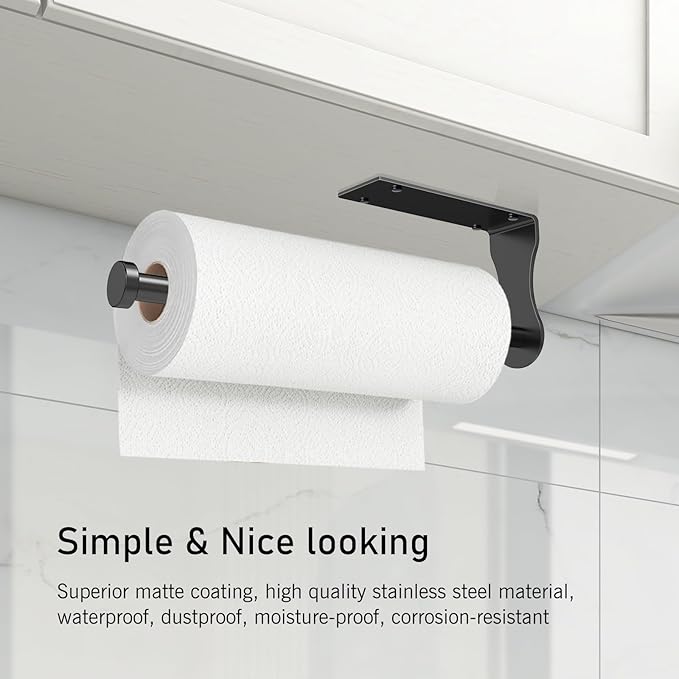 SetSail Paper Towel Holder, Single Hand Operable Paper Towel Holder Under Cabinet with Adjustable Damper, Easy Tear, Wall Mount, Self-Adhesive or Drilled for Kitchen Bathroom, Black - Image 6
