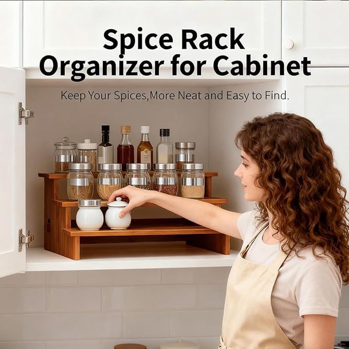 JinDoWin Cabinet Spice Organizer, Spice Organization for Cabinet, 3 Tier Spice Rack Organizer for Cabinet, Seasoning Organizer & Seasoning Rack, Kitchen Cabinet Organizer (2, Dark Bamboo) - Image 3