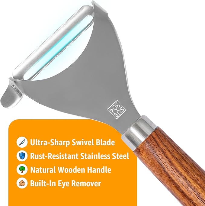 Potato Peeler Wooden Handle, Y Peeler Multifunctional Vegetable Peeler, Rosewood & Stainless Steel, Ultra Sharp Swivel Blade, Fruit & Veggie Peeler, Eye Remover