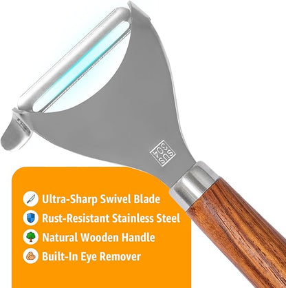 Potato Peeler Wooden Handle, Y Peeler Multifunctional Vegetable Peeler, Rosewood & Stainless Steel, Ultra Sharp Swivel Blade, Fruit & Veggie Peeler, Eye Remover