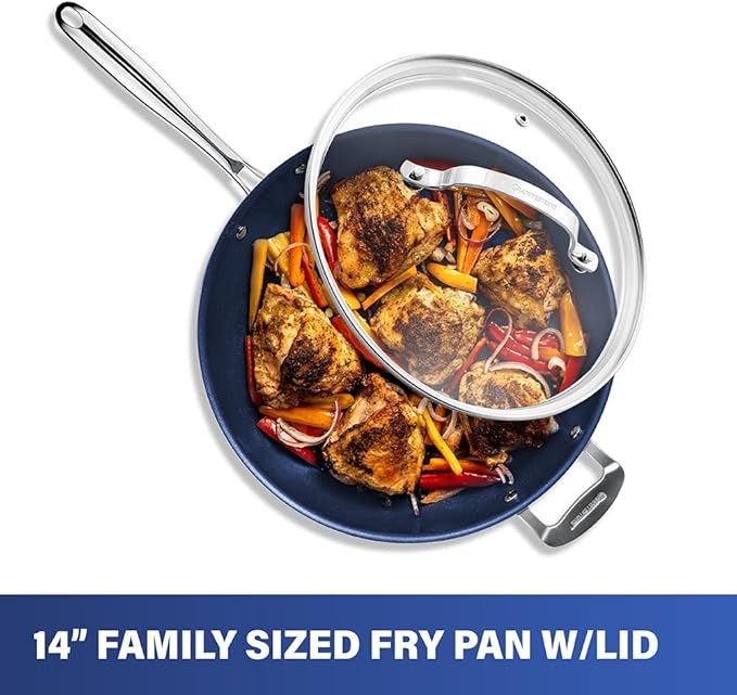 Granitestone 14 Inch Frying Pan with Lid, Non Stick Skillet for Cooking, Nonstick Diamond Coated Large Frying Pan, Family Sized, Oven & Dishwasher Safe Up to 500°F, 4.5 Qt Aluminum Skillet, Blue - Image 7