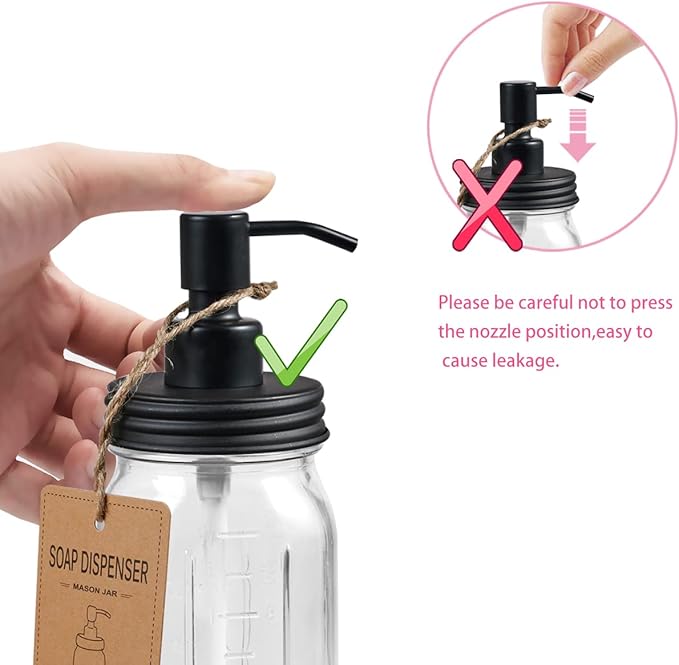 Amolliar 4 Pack Mason Jar Liquid Soap Dispensers, Rustproof Stainless Steel Lid Pump, Waterproof Sticker, Refillable Hand Soap for Bathroom, Kitchen, Dish Soap, Lotion Soap, Farmhouse Decor(Black) - Image 6