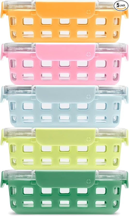 Ello Duraglass 3.4 Cup Meal Prep Sets 10Pc, 5 Pack Set- Glass Food Storage Container with Silicone Sleeve and Airtight BPA-Free Plastic Lids, Dishwasher, Microwave, and Freezer Safe, Meadow