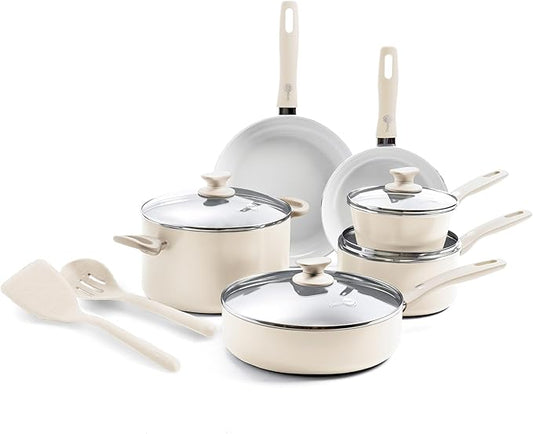 GreenPan Dover Healthy Ceramic Nonstick, 12 Piece Cookware Pots and Pans Set, PFAS-Free, Dishwasher Safe, Comfort Grip Handle, Cream White