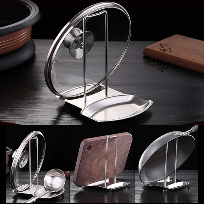 Lid and Spoon Rest Shelf,304 Stainless Steel Pan Pot Cover Lid Rack Stand Organizer,ZYLONE Pan Lid Organizer Storage Soup Spoon Rests Utensils Kitchen Tool - Image 4