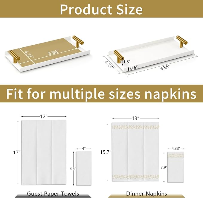 STWWO Napkin Holder for Bathroom, Guest Towel Holder Tray for Bathroom, White Guest Napkin Holders with Golden T-Handle, Disposable Hand Towel Tray for Guest Room, Table, Kitchen