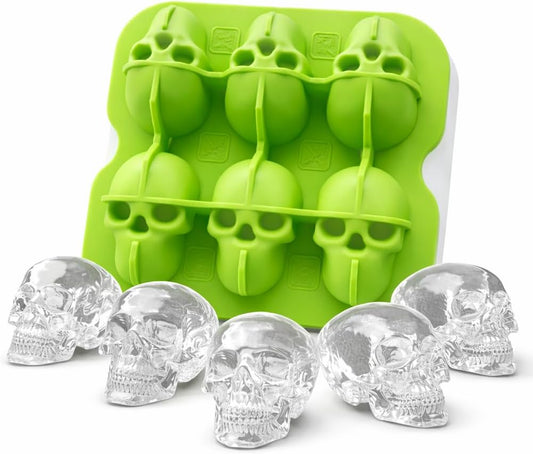 Skull Ice Cube Mold, 6-Cavity Silicone Ice Tray for Whiskey, Cocktails, and Beverages, Food-Grade Flexible Ice Maker for Halloween & Party Drinks, Easy Release & Dishwasher Safe (Green)