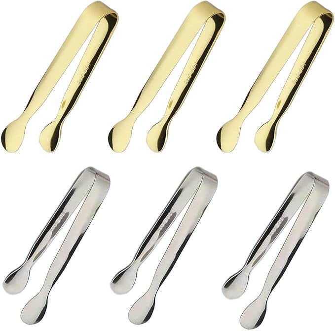 6PCS Ice Tongs Mini Sugar Tongs 4.25Inch Tong for Serving Food Small Serving Tong, Kitchen Tong for Appetizers,Tea Party, Coffee Bar, Desserts by Sunenlyst (Silver and Gold) by Sunenlyst