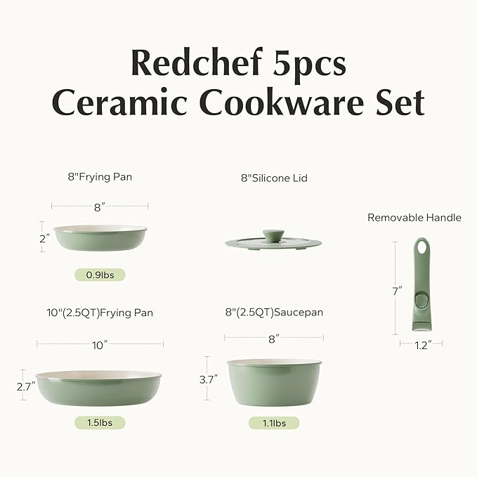 Redchef Ceramic Cookware Set, Removable Handle Pots and Pans Non-Stick, Rv Cookware Set, Non-Toxic Pots and Pans Set No PFAS, PTFE, PFOA, Detachable Pots and Pans, Dishwasher & Oven Safe (Green) - Image 9