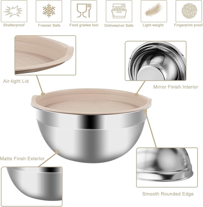 WEPSEN Mixing Bowls Set, 25PCS Khaki Mixing Bowls With Lids Set Stainless Steel Kitchen Large Nesting Metal Bowl 7QT to 1.5QT, Measuring Cups and Spoons for Prepping Cooking Serving - Image 5