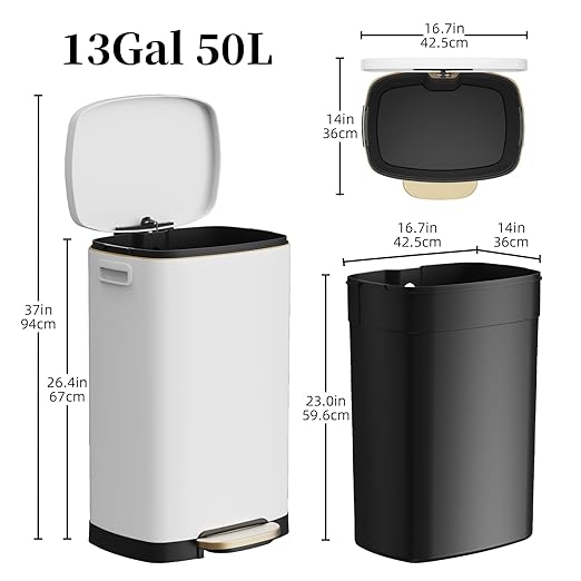 KdbK 13 Gallon Trash Can with Lid, 50L Fingerprint Proof Stainless Steel Kitchen Trash Can with Removable Inner Bucket and Lid Soft Close, Pedal Rubbish Bin for Home Office, White - Image 6