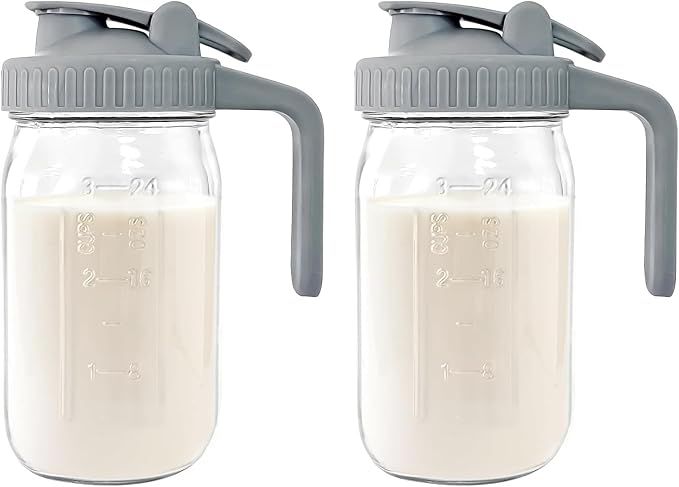 Breast Milk Pitcher - 32 oz Glass Mason Jar with Dual Leak-Proof Design, Airtight Seal, Pour Spout & Handle, Storage Container for Breastmilk, Iced Tea & Ice Drinks（2Pack Gray） by Junvpic