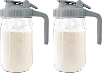 Breast Milk Pitcher - 32 oz Glass Mason Jar with Dual Leak-Proof Design, Airtight Seal, Pour Spout & Handle, Storage Container for Breastmilk, Iced Tea & Ice Drinks（2Pack Gray） by Junvpic