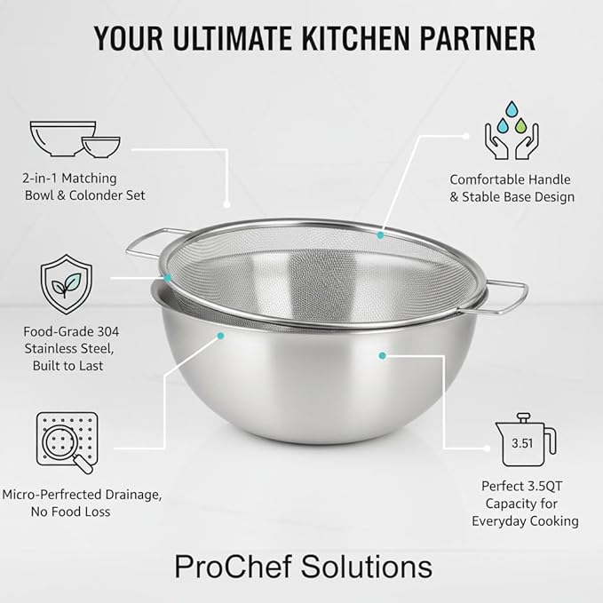 304 Stainless Steel Kitchen Colander Set, 3.5QT Colander with Handle and Bowl, 40 Mesh Fine Strainer, Fast Draining for Rice, Pasta, Fruits & Vegetables, Dishwasher Safe