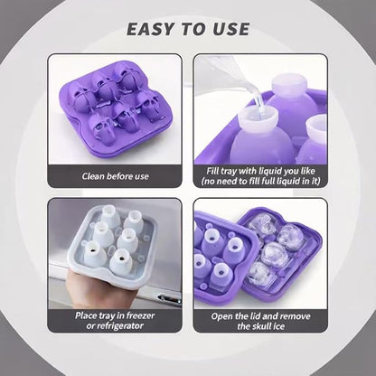 Skull Ice Cube Mold, 6-Cavity Silicone Ice Tray for Whiskey, Cocktails, and Beverages, Food-Grade Flexible Ice Maker for Halloween & Party Drinks, Easy Release & Dishwasher Safe (Purple)