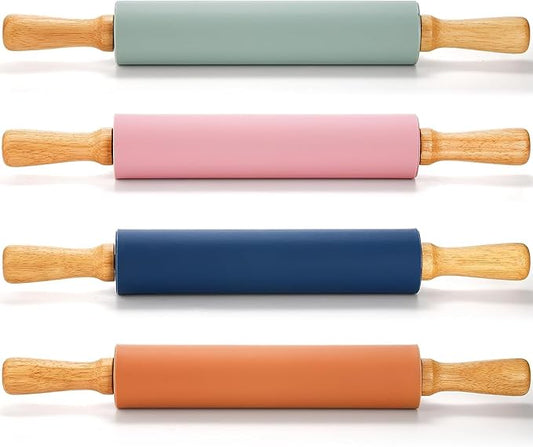 Yopay 4 Pack Silicone Rolling Pin for Baking, Non Stick Large 17 Inch Roller with Wood Handle for Tortillas Dough, Pizza, Pie, Pastries, Pasta, Cookies, Good Grips, Easy to Wash by Yopay