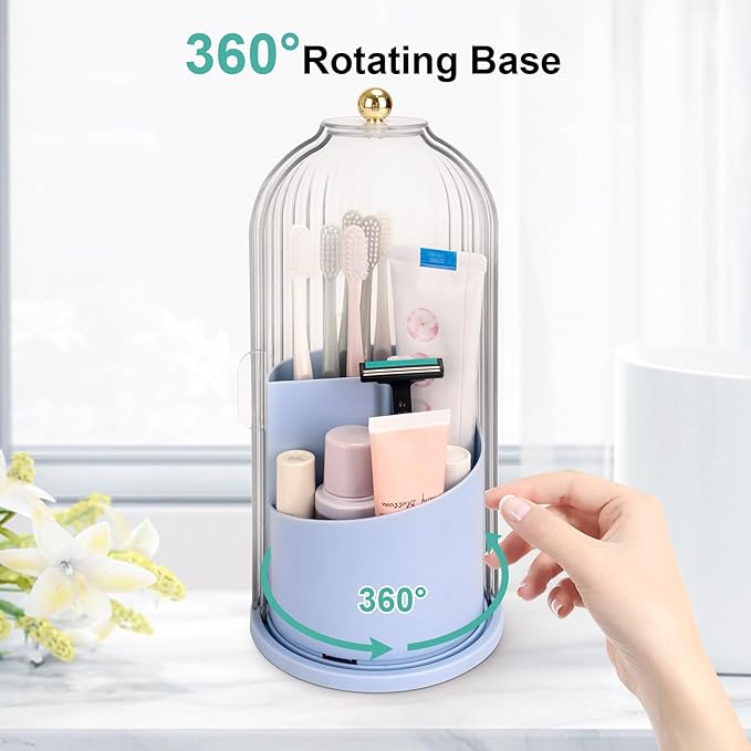 QIYVLOS Toothbrush Holders with Sliding Lid, Rotating 3 Slots Bathroom Organizer Countertop, Tooth Brush Toothpaste Holder Bathroom Counter Stand Sink Organizer Caddy for Makeup Brushes Holder (Blue) - Image 3