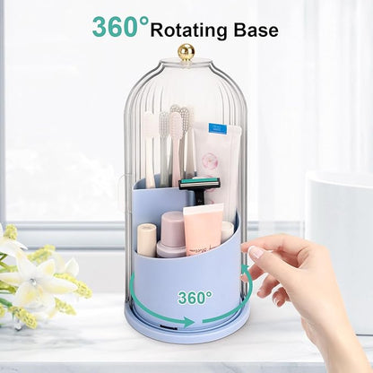 QIYVLOS Toothbrush Holders with Sliding Lid, Rotating 3 Slots Bathroom Organizer Countertop, Tooth Brush Toothpaste Holder Bathroom Counter Stand Sink Organizer Caddy for Makeup Brushes Holder (Blue) - Image 3