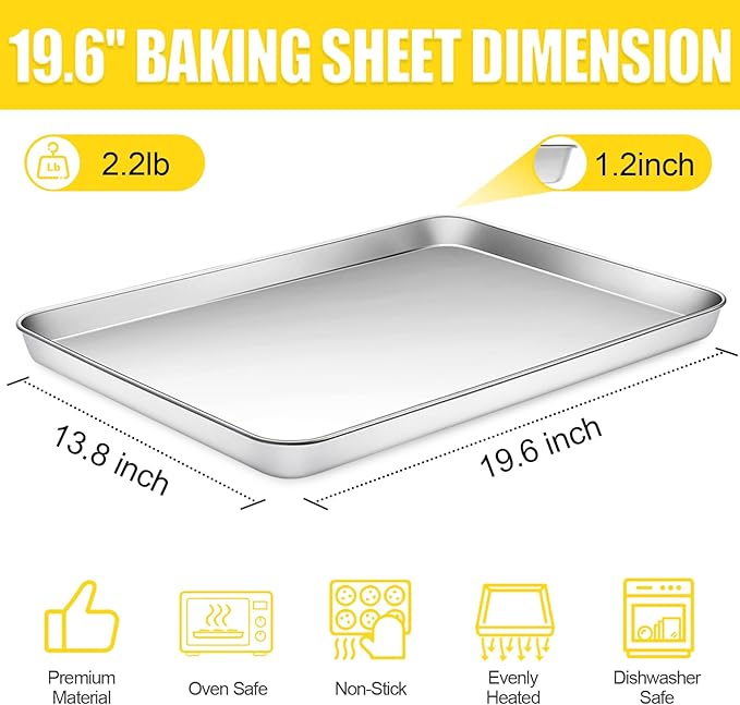 Terlulu Baking Sheet, Cookie Sheet, Stainless Steel Baking Pan, 2 Piece-19.6''x 13.8'' x 1.2'', Large Sheet Pan for Oven, Baking Tray for Baking&Roasting, Nonstick&Nontoxic&Easy Clean - Image 2